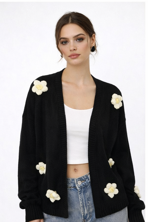 Gebreid Damesvest – Bloemdetails – Zacht Materiaal