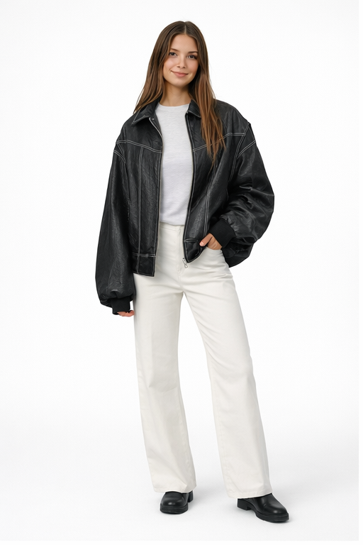 Dames Bomberjack Imitatieleer – Oversized Pasvorm – Kort Model