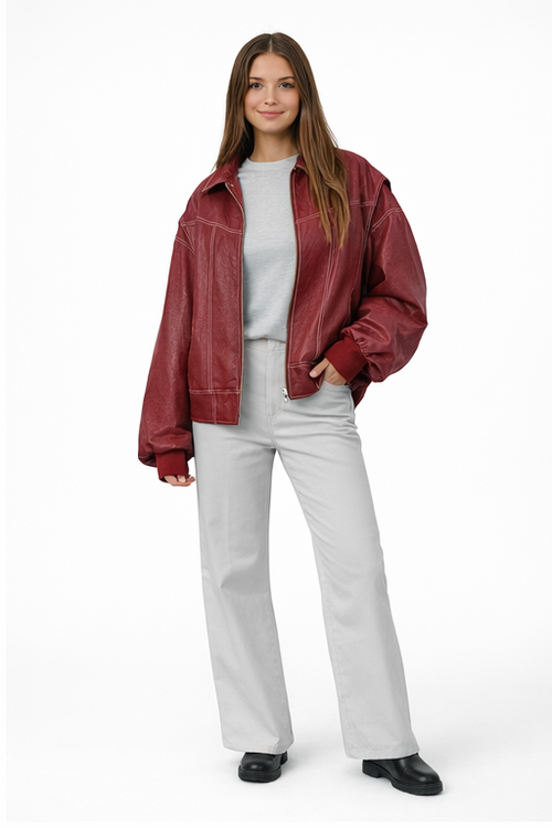 Dames Bomberjack Imitatieleer – Oversized Pasvorm – Kort Model